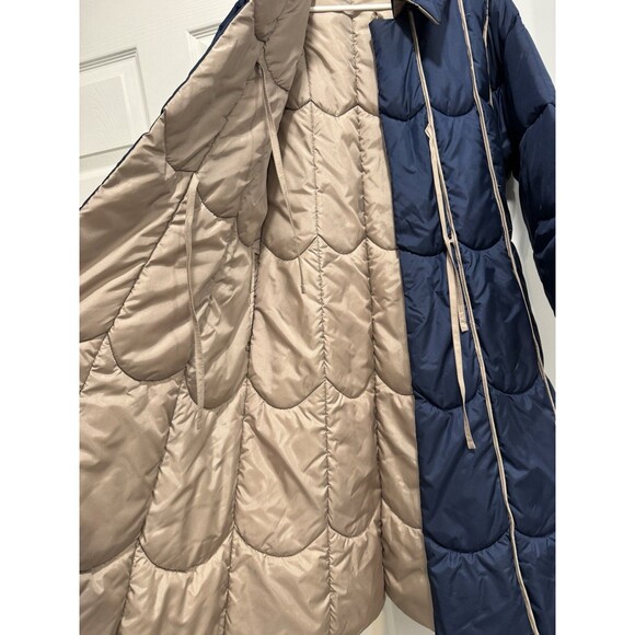 Vintage Long Puffer Coat Navy Blue Tan Reversible Quilted Winter Jacket Size L - Picture 4 of 6